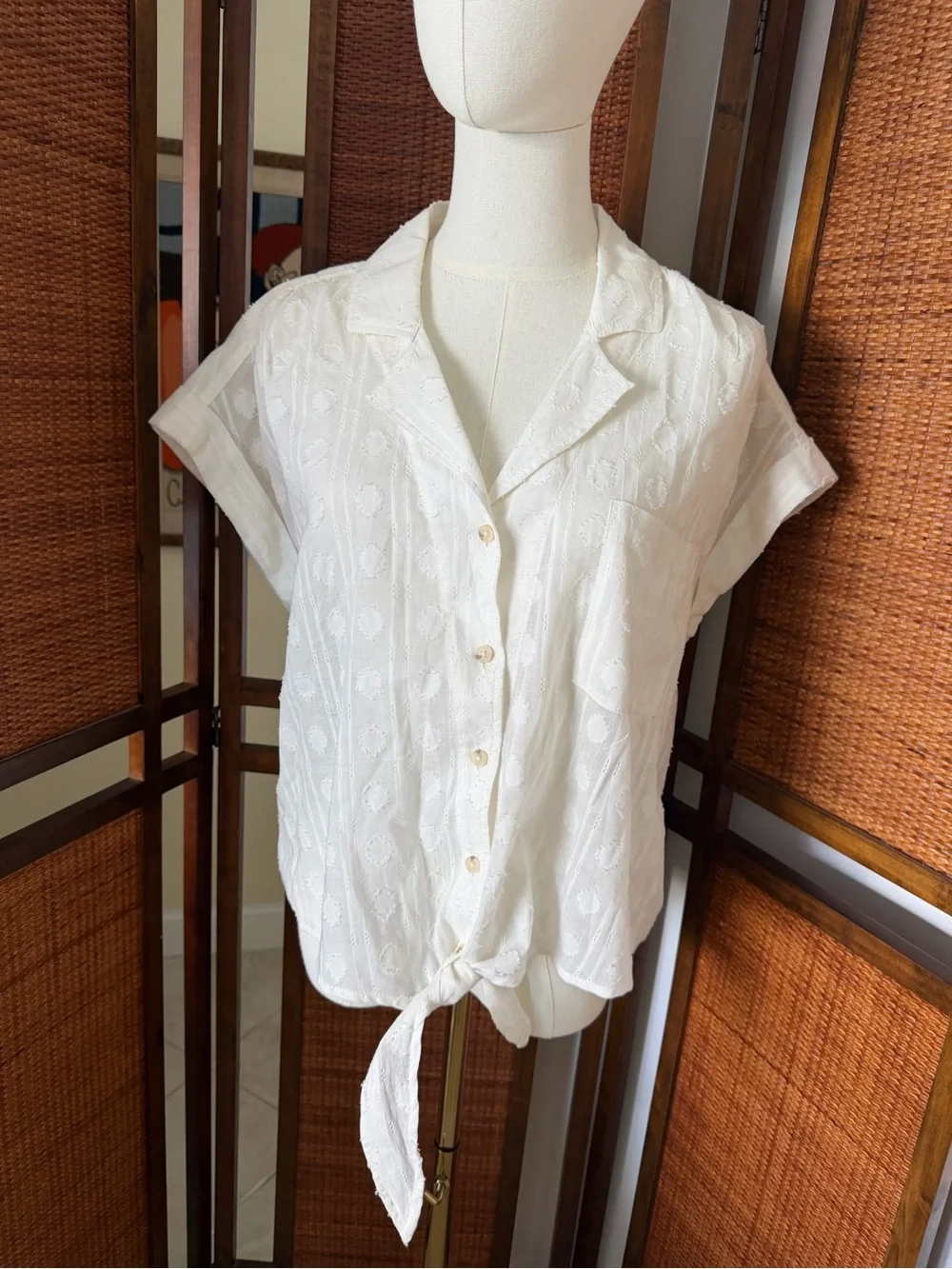 Anthropologie X Pilcro White Tie-Front Textured Camp Shirt M 100% Cotton